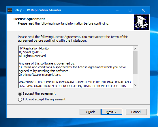 Select Next HV Replication Monitor license agreement screenshot