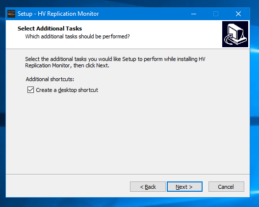 Select Next HV Replication Monitor create optional desktop shortcut screenshot