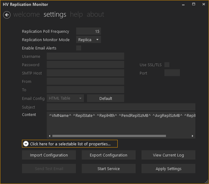 HV Replication Monitor Settings Screen