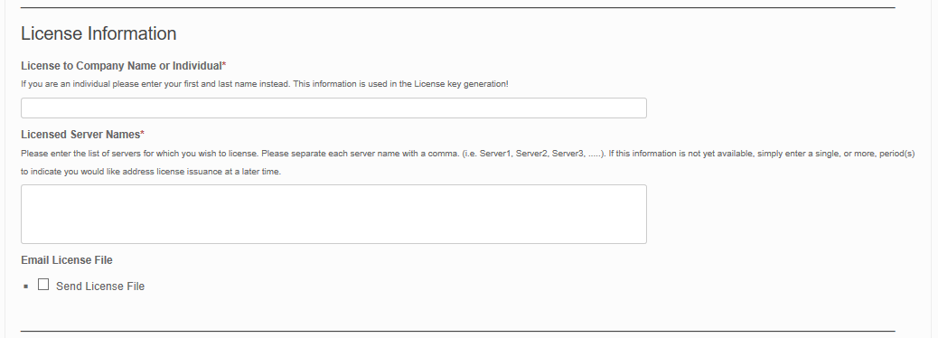 License Information checkout form