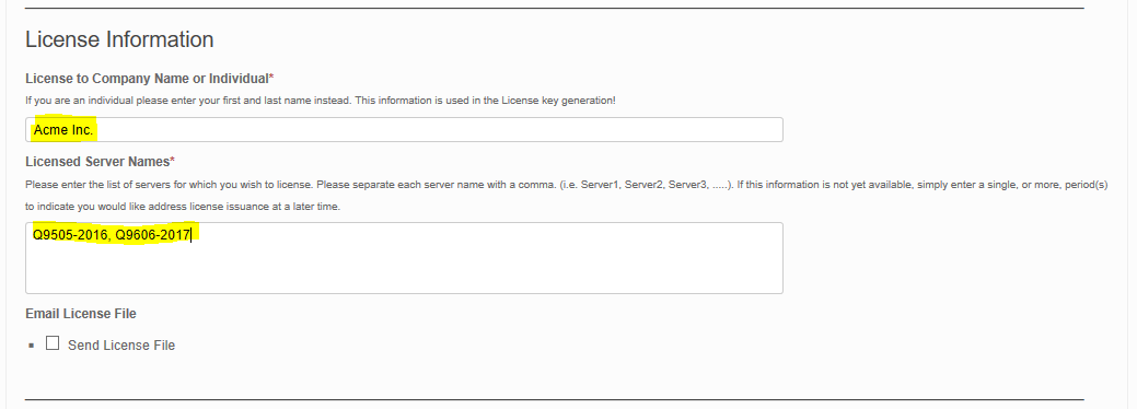 Licensing - Fill out the Company Name and the Servers